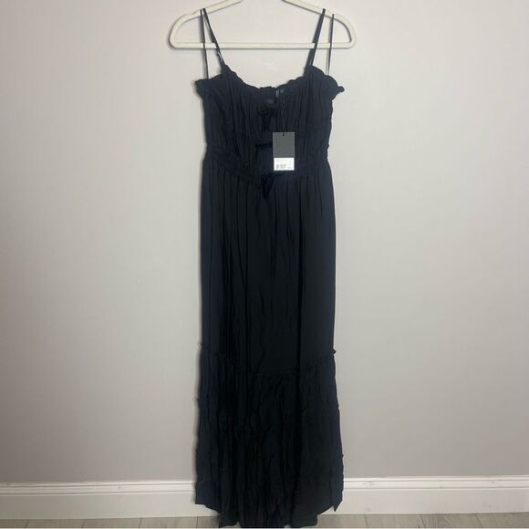 $325 The Kooples Shirred Long Maxi Black Dress with Bows Tiered Skirt NWT - Picture 14 of 15